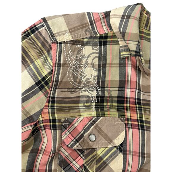 Harley-Davidson Plaid Half Sleeve Zip Up Shirt Women's XL Embroidered Logos Tan - Picture 9 of 11